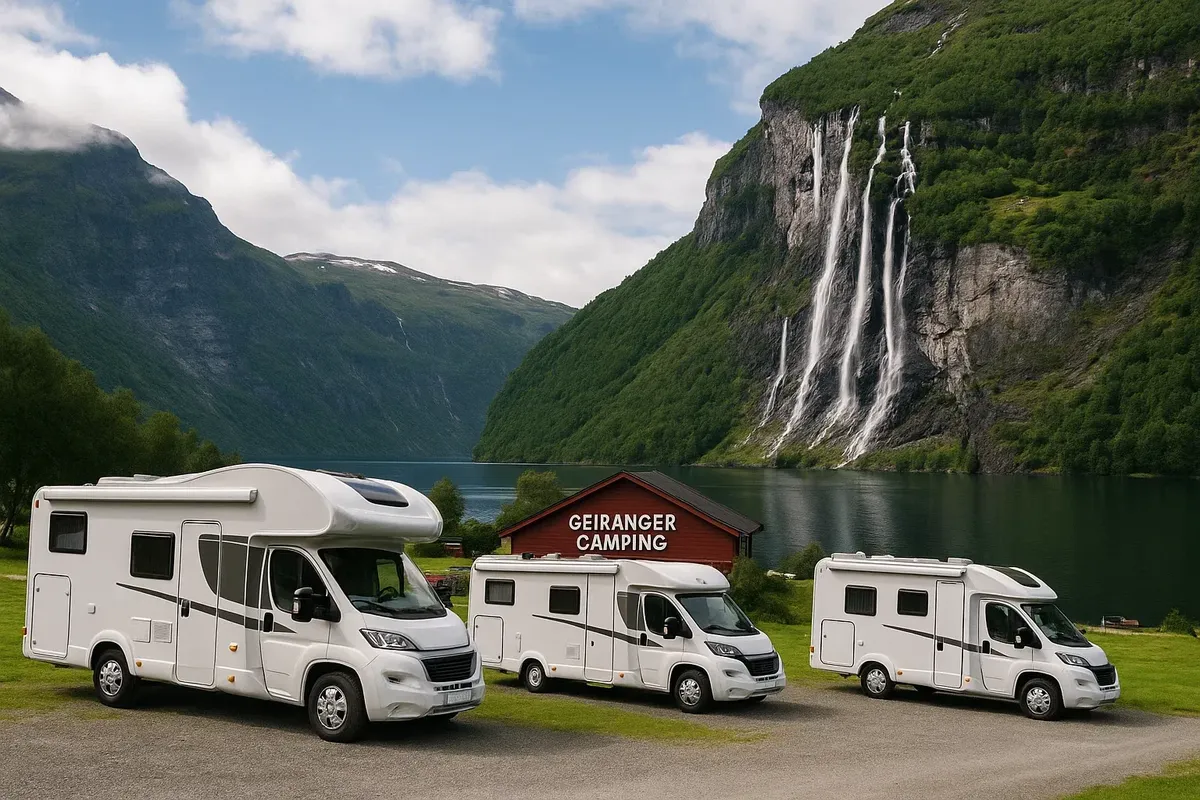Ряд кемперов у Гейрангерфьорда, панорама и водопад «Семь сестёр»