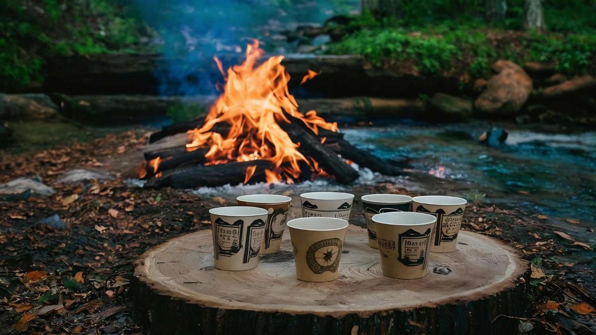 Paper cups are placed on a tree stump near a lit campfire by the water.