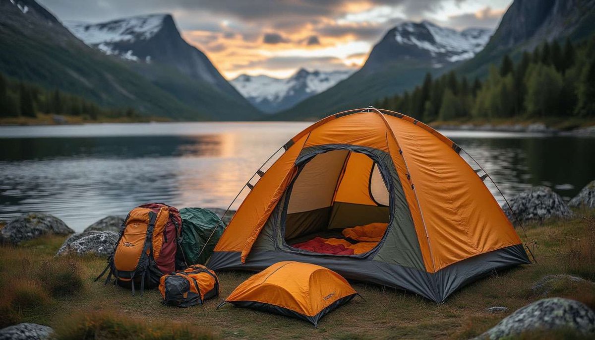 A camping tent by a lake in the Norwegian mountains at sunset with warm lights and wooden furniture nearby.