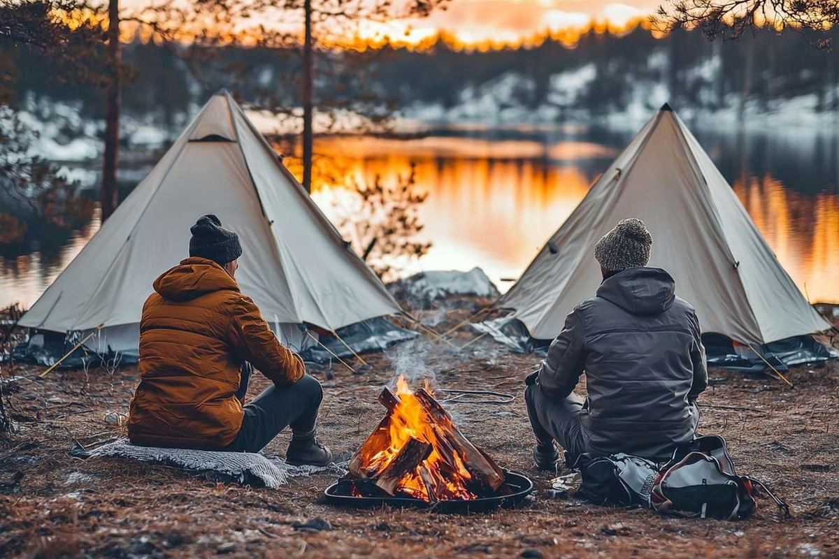 Two people sit by a campfire near tents on a lakeshore at sunset.