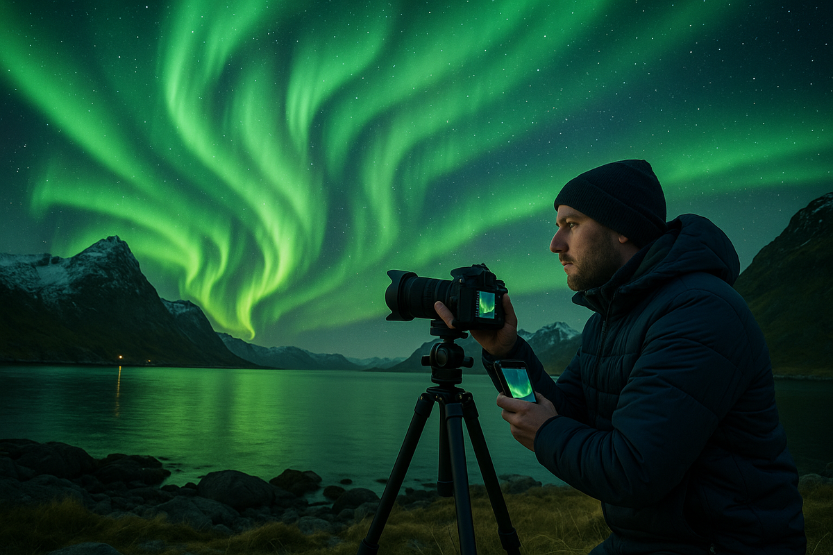 A tripod photographer captures the northern lights above a fjord and mountains.