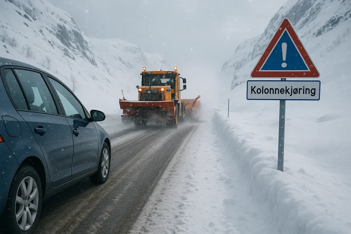 Машина на зимней горной дороге Норвегии, впереди снегоуборочный плуг, знак «движение колонной»