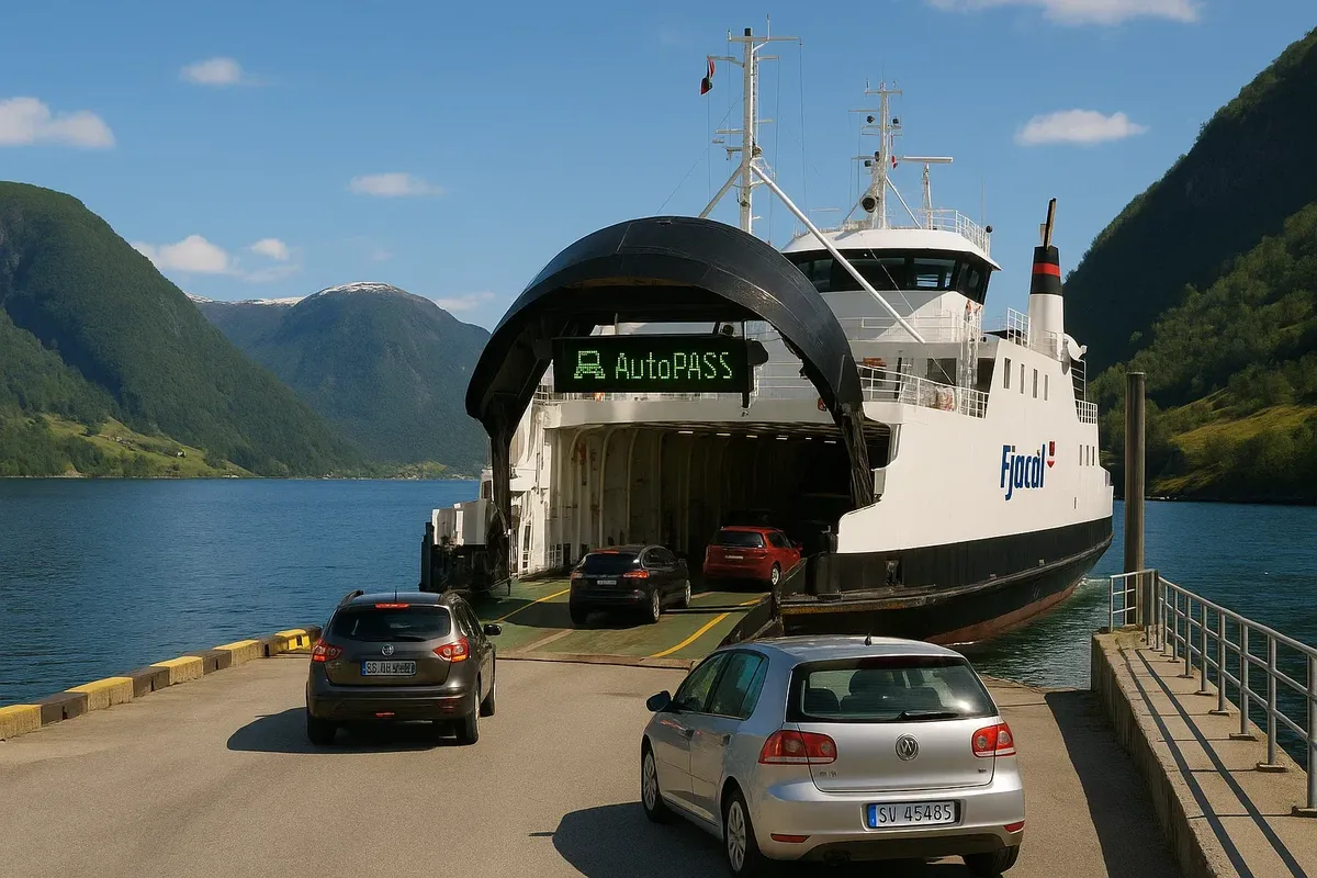 Автомобили заезжают на паром Fjord1, виден знак AutoPASS на причале