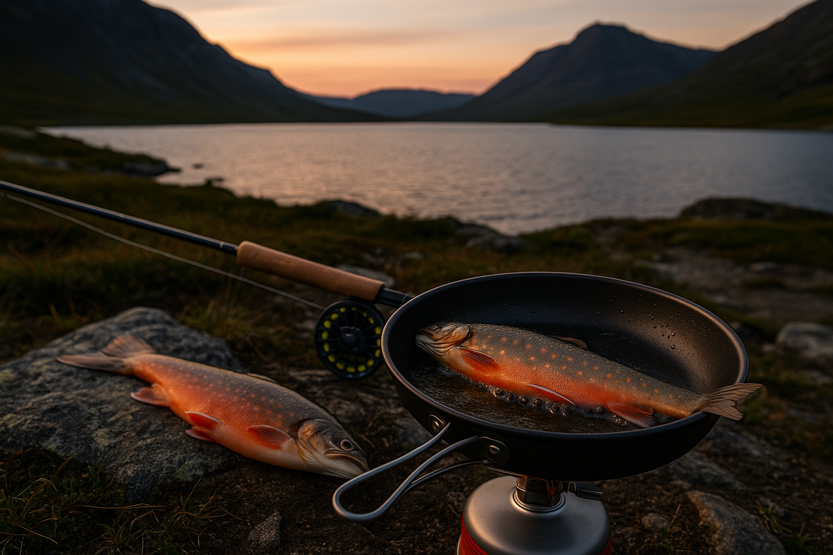Freshly caught Arctic char sizzles on a portable stove by a high-altitude lake in Norway — the perfect end to a day of fly fishing.