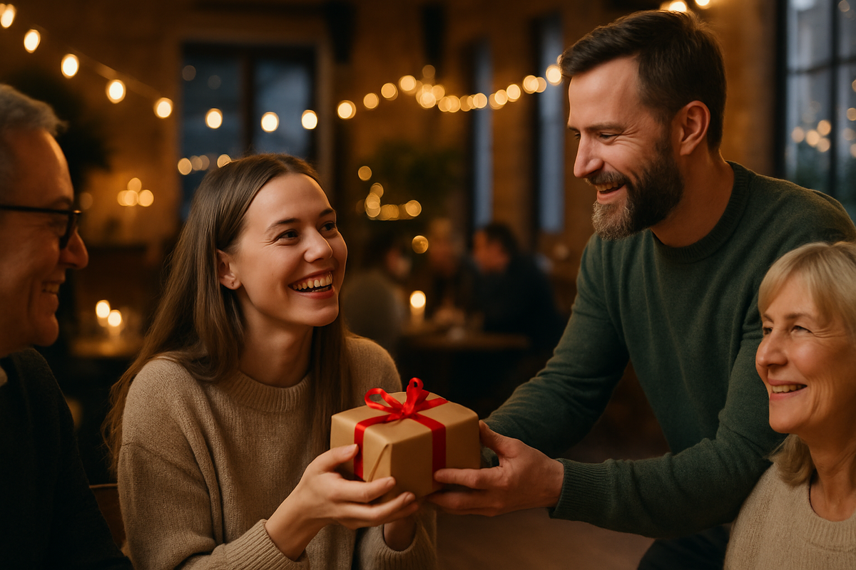 A warm celebration in Norway: a man gives a gift to a woman in a cozy setting with string lights and candles.