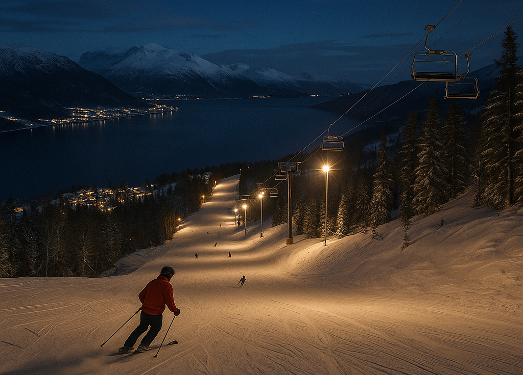 Night skiing in Norway with a stunning view of the fjord and snow-covered mountains.