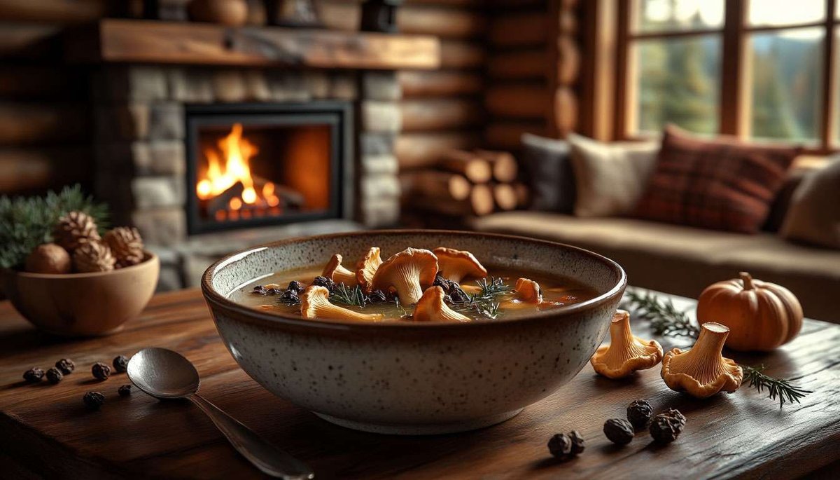 Forest riches—creamy chanterelle soup spiced with juniper, served fireside after an autumn hike.