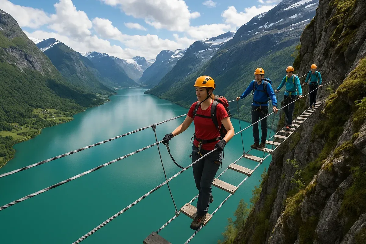 Two climbers secured to cables crossing the famous Gjølmunne Bridge on Loen Via Ferrata with Nordfjord in background