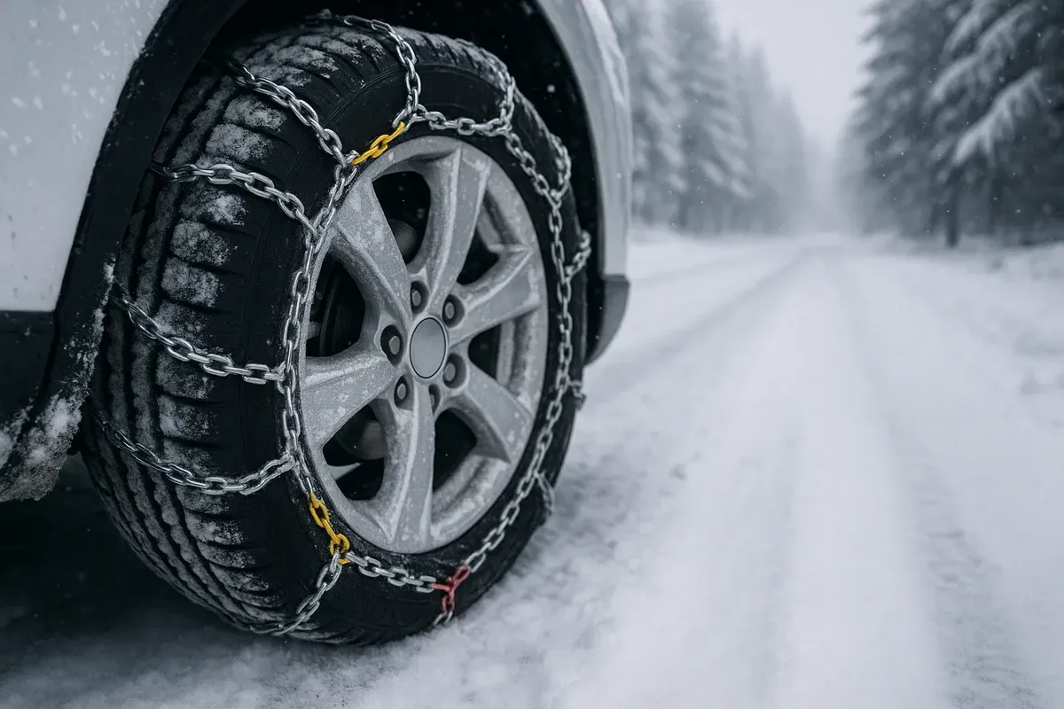Крупный план колеса с установленными цепями, снег и обочина