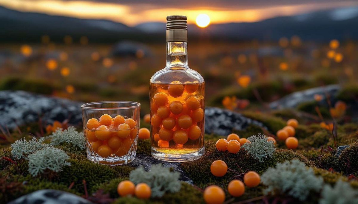 Golden cloudberry liqueur glows among tundra moss—sweet northern berries captured in a warming sip.