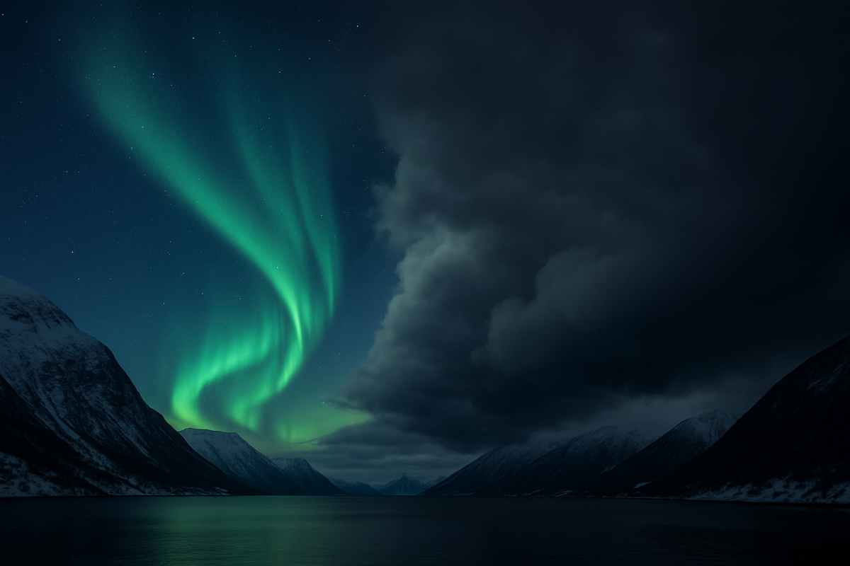 Bright aurora over a fjord fades into thick cloud cover on the opposite side, showing how clouds beat KP.