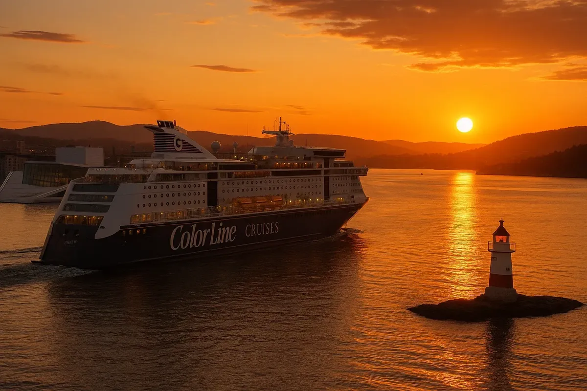 Круизный паром Color Line выходит из Осло-фьорда, закат и Оперный театр на фоне
