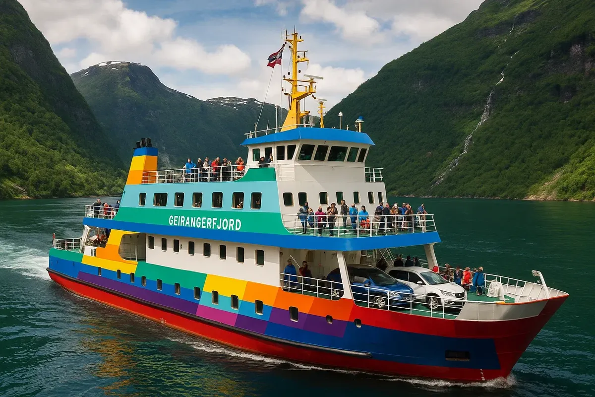 Паром Fjord1 в Гейрангерфьорде, пассажиры на палубе с видами