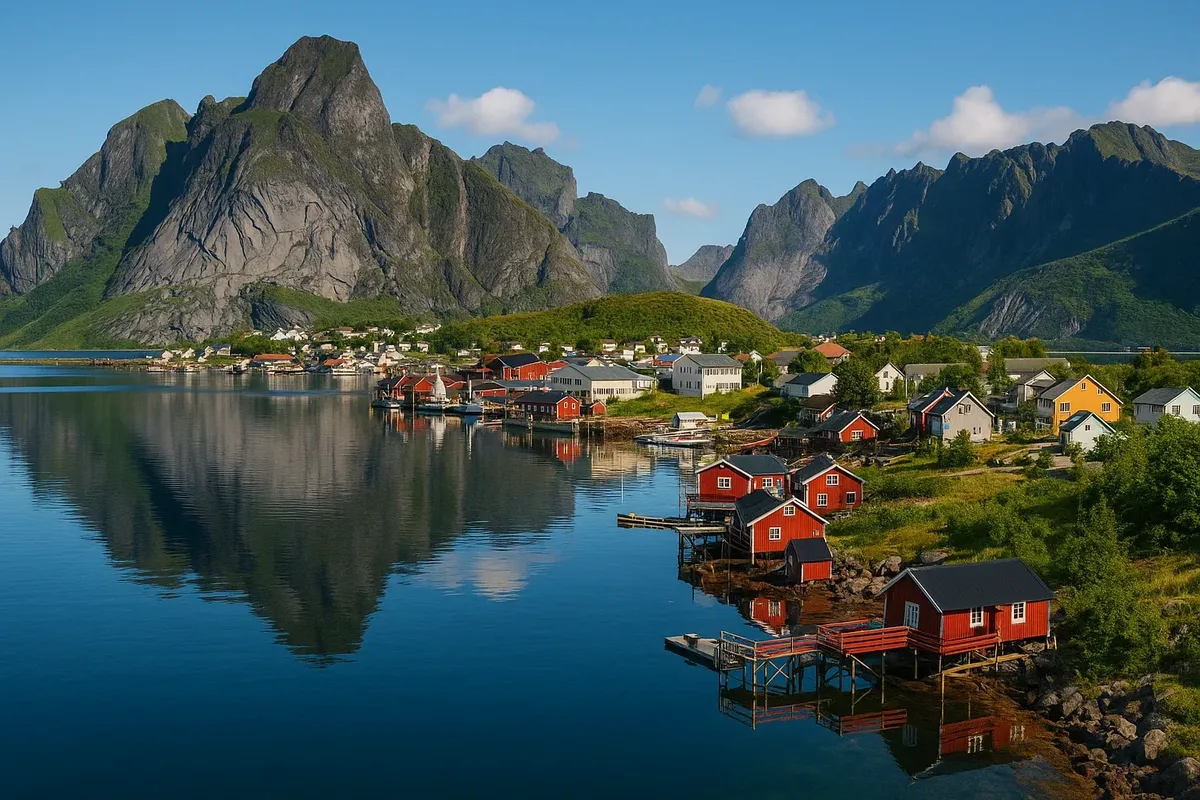 Рыбацкая деревня Reine с красными домиками-rorbuer и горами