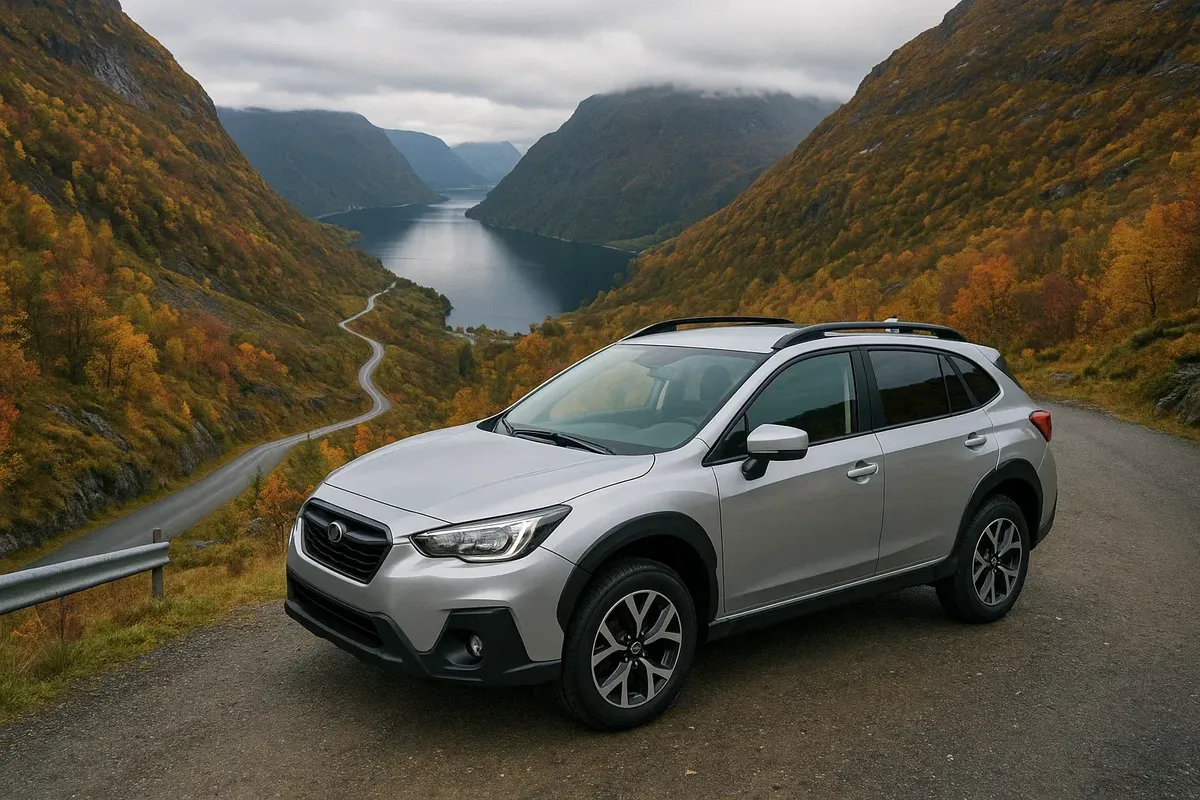 Машина для путешествия по фьордам: кроссовер на серпантине с видом на фьорд.