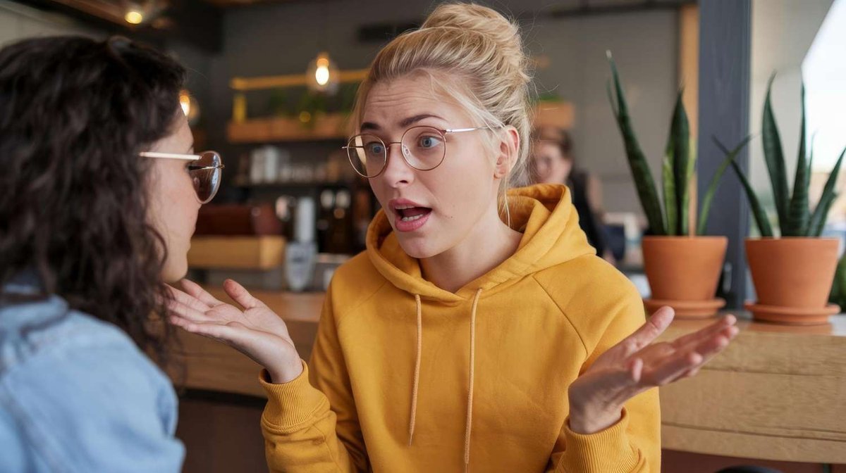 Two women talk in a café, one in a yellow hoodie expressing emotions.