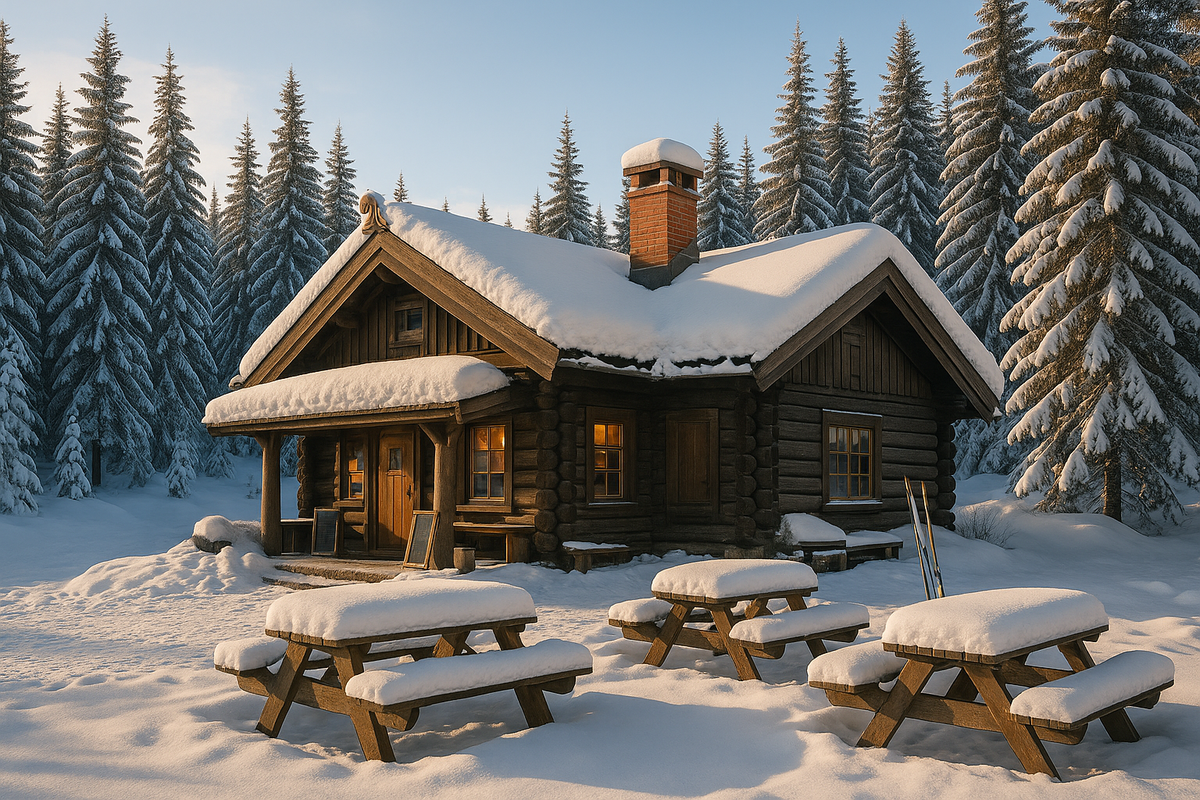 A cosy Norwegian log café in a snowy forest with wooden tables and skis by the entrance.