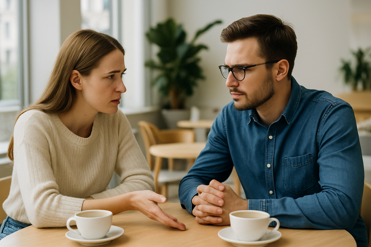 A young couple having a serious conversation at a café table with two cups of coffee.