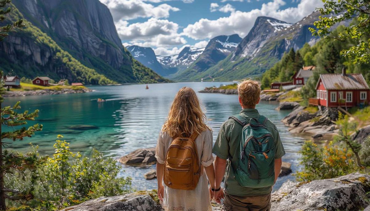 Couple with backpacks holding hands, looking at a Norwegian fjord village with red houses and mountains.