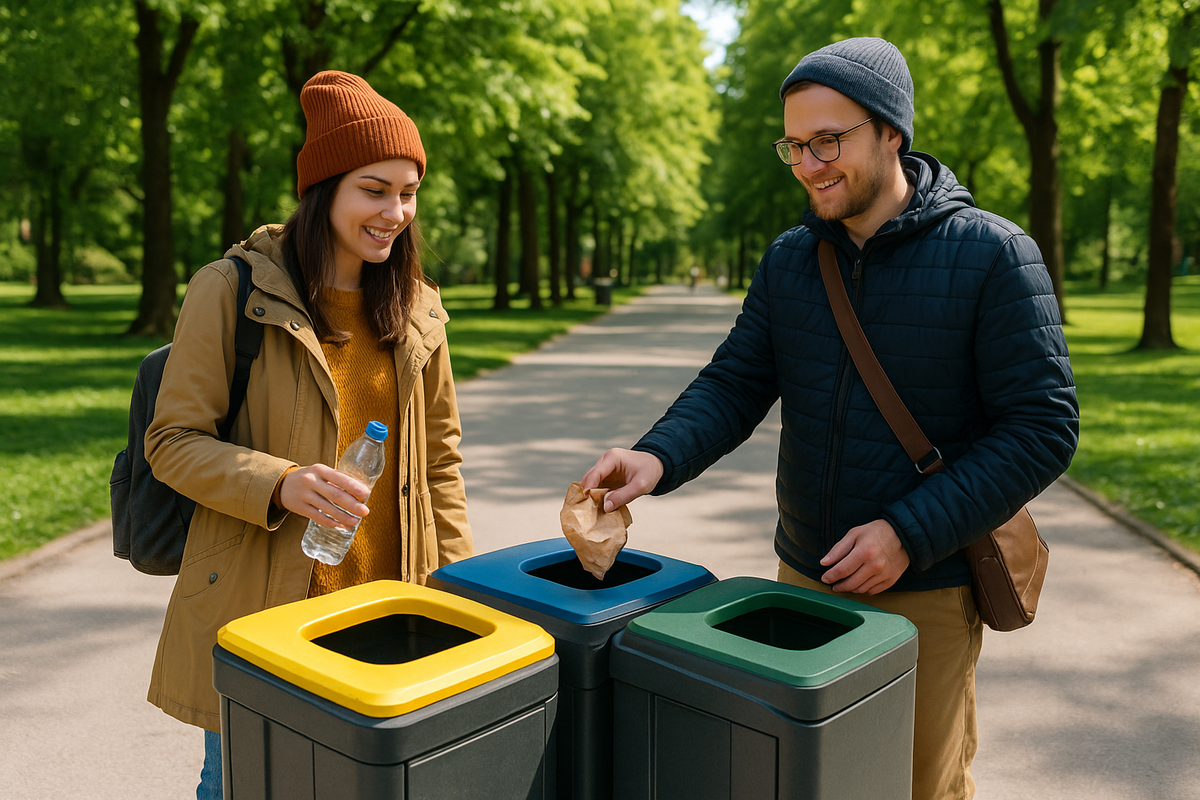 A couple recycles waste in a Norwegian park, placing plastic and paper in separate bins.