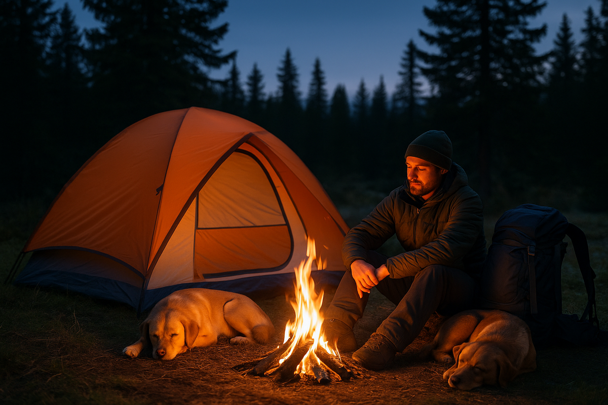 A dog sleeps by the fire next to its owner and tent in the woods — a warm end to a hiking day in Norway.