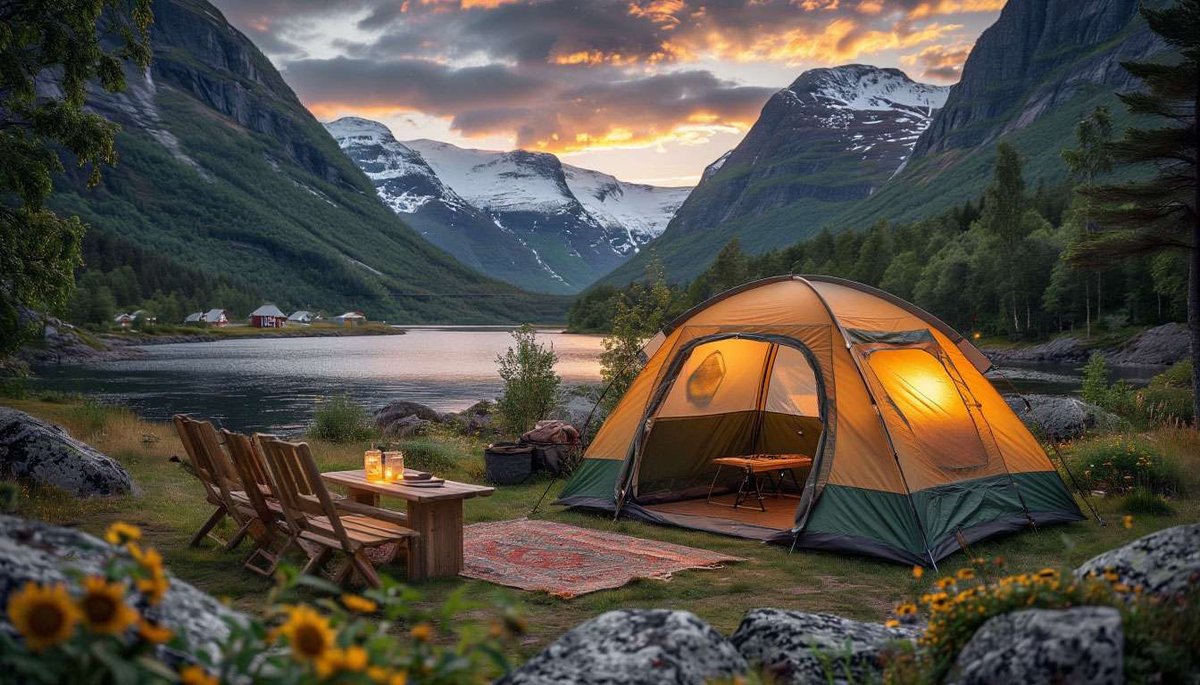 Cozy camping tent by a Norwegian fjord at sunset with mountains and warm interior lighting.