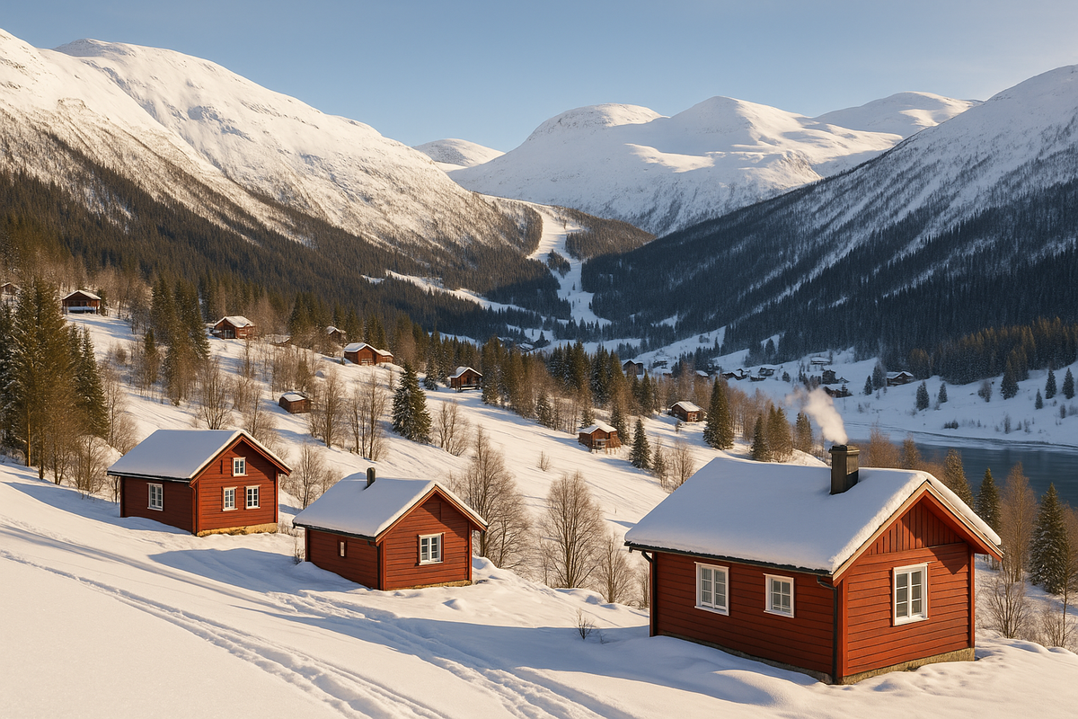 Snow-covered red cabins in the Norwegian mountains overlooking ski slopes.