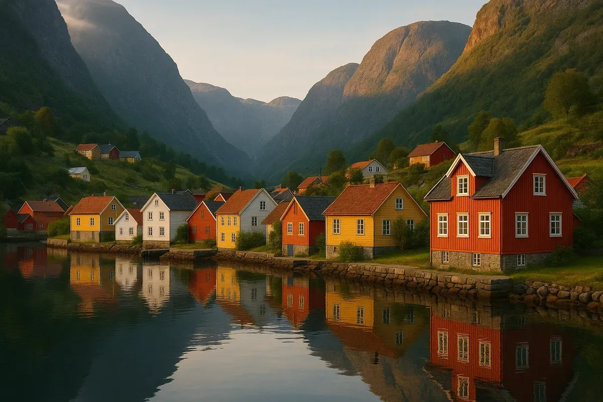 A base village on Sognefjord (Aurland or Balestrand), showing fjordside houses and calm scenery