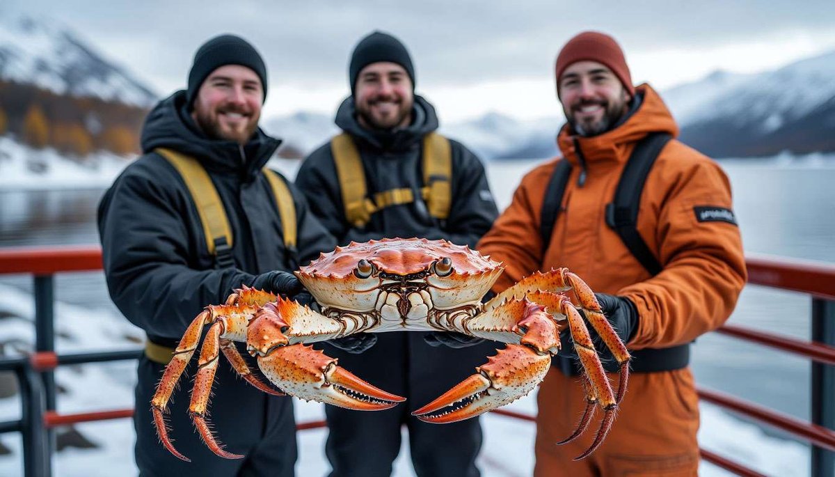 Adrenaline-filled catch: travelers proudly show a Barents Sea king crab against Arctic scenery and boiling seawater pot.