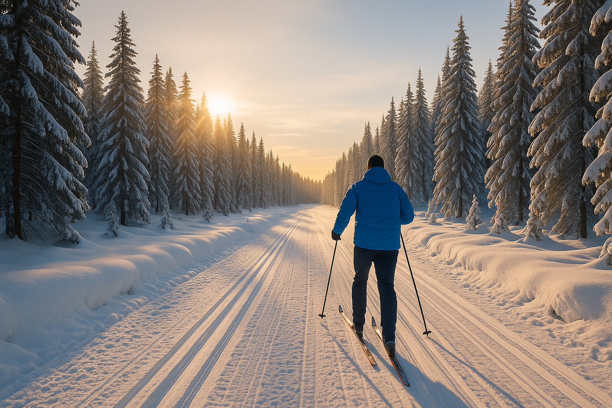 A skier glides along a snowy trail in Nordmarka at sunset, surrounded by tall spruce trees.