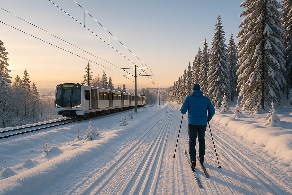 A skier gliding along a snowy trail near the Oslo Metro train in the winter forest.