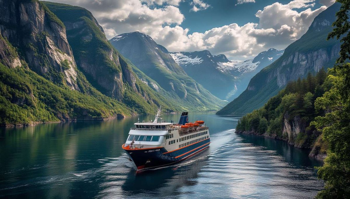 Cruise ship sailing through a narrow Norwegian fjord surrounded by tall mountains under a cloudy sky.