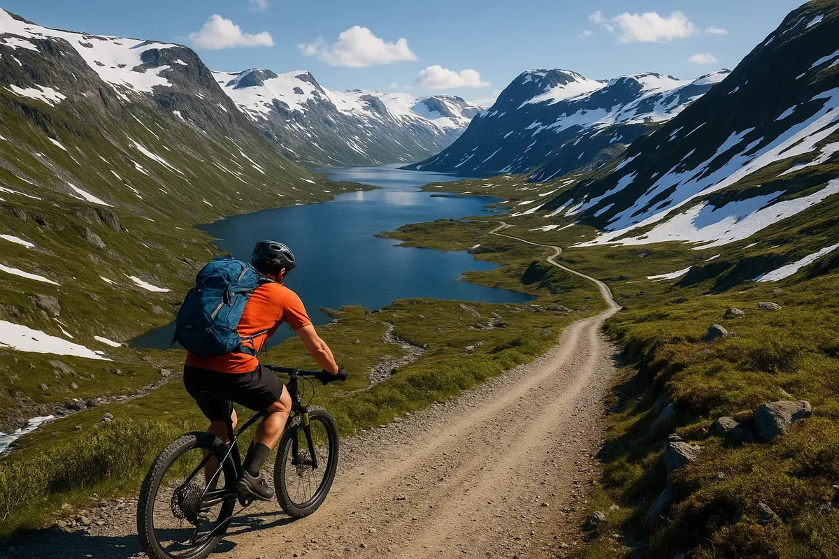 A cyclist descending Rallarvegen towards the fjord, with dramatic alpine scenery