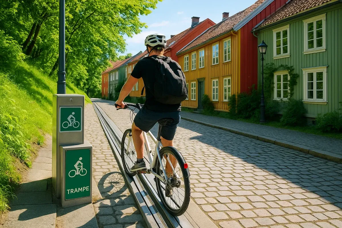 Unique Trondheim bike lift with historic district backdrop