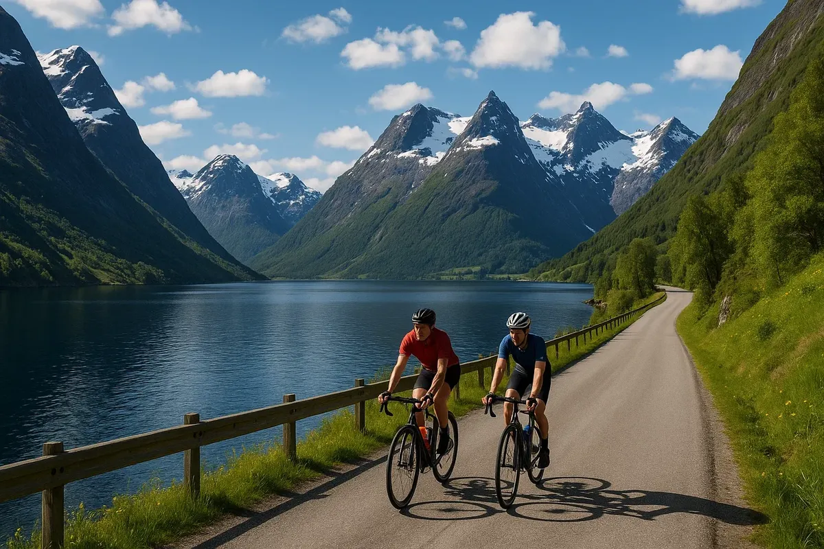 Scenic ride along Hjørundfjord with Sunnmøre Alps towering above, no traffic