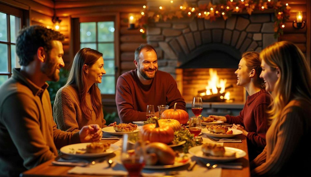 People dining in a cozy room with a fireplace and autumn decorations.
