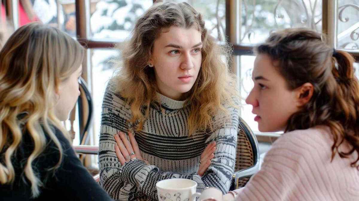 Three young women talk in a café, one listening attentively to the others.