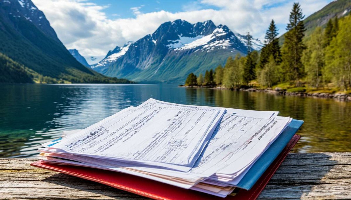 A folder with documents lies on a wooden table by the water with a mountain view.
