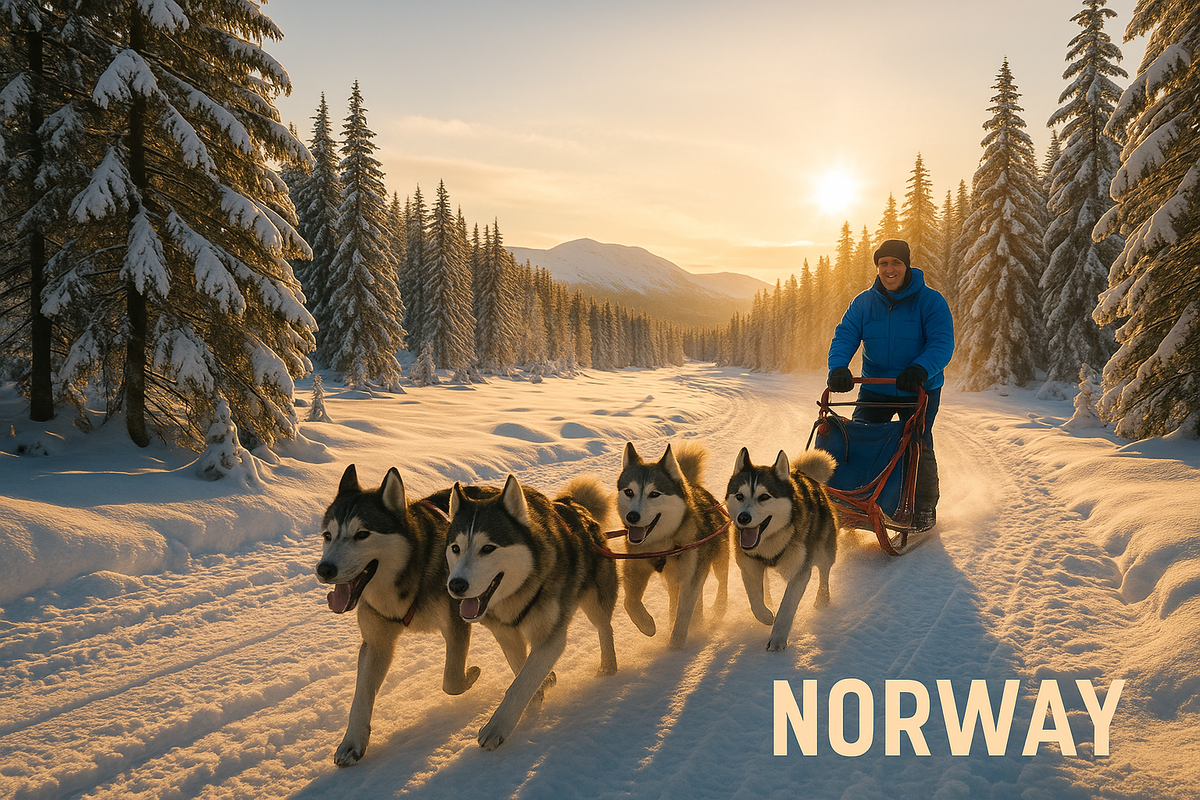 A musher in a blue jacket guides a husky team along a snowy trail in Norway at sunset.