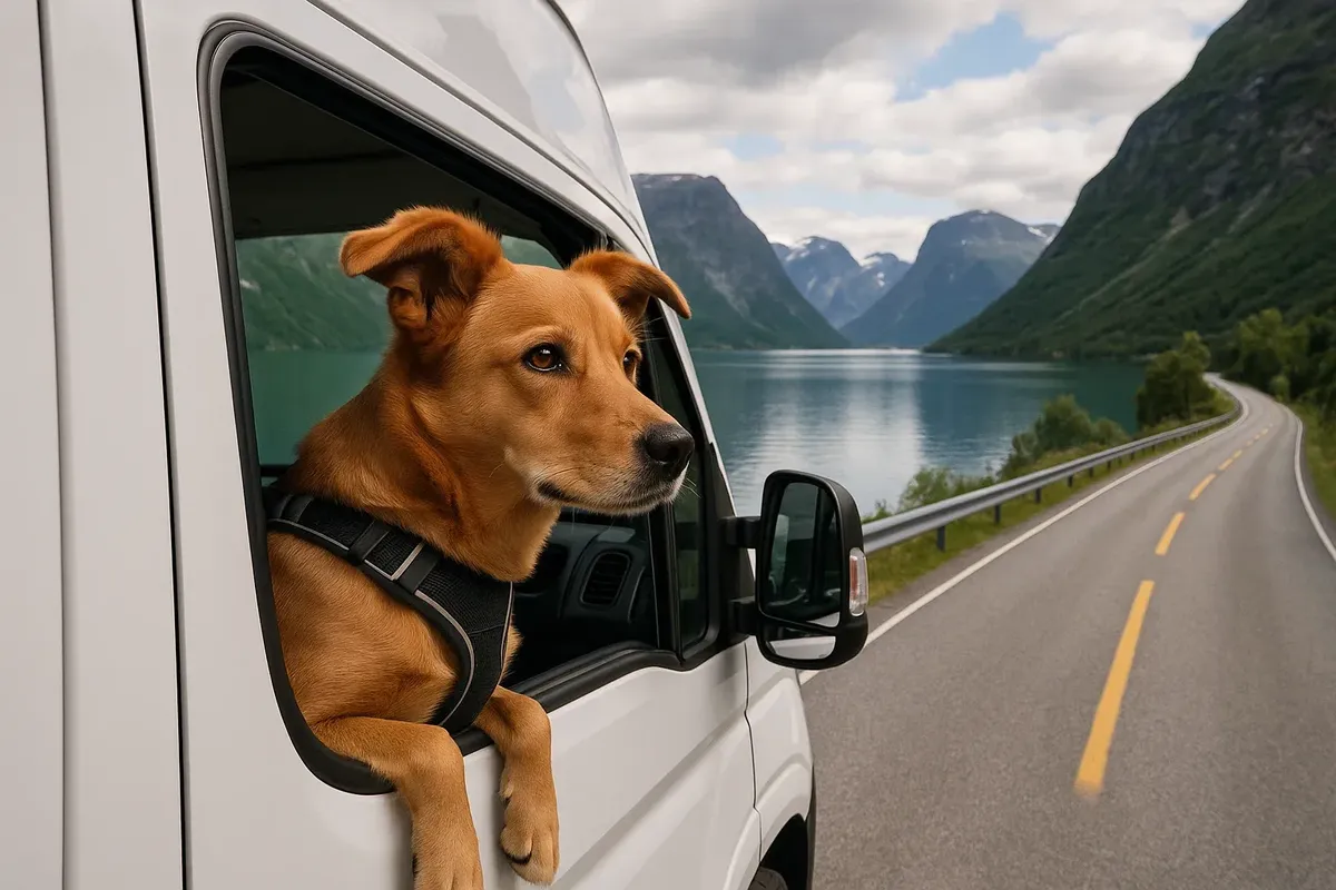 A traveling dog enjoying the view of fjords from a campervan