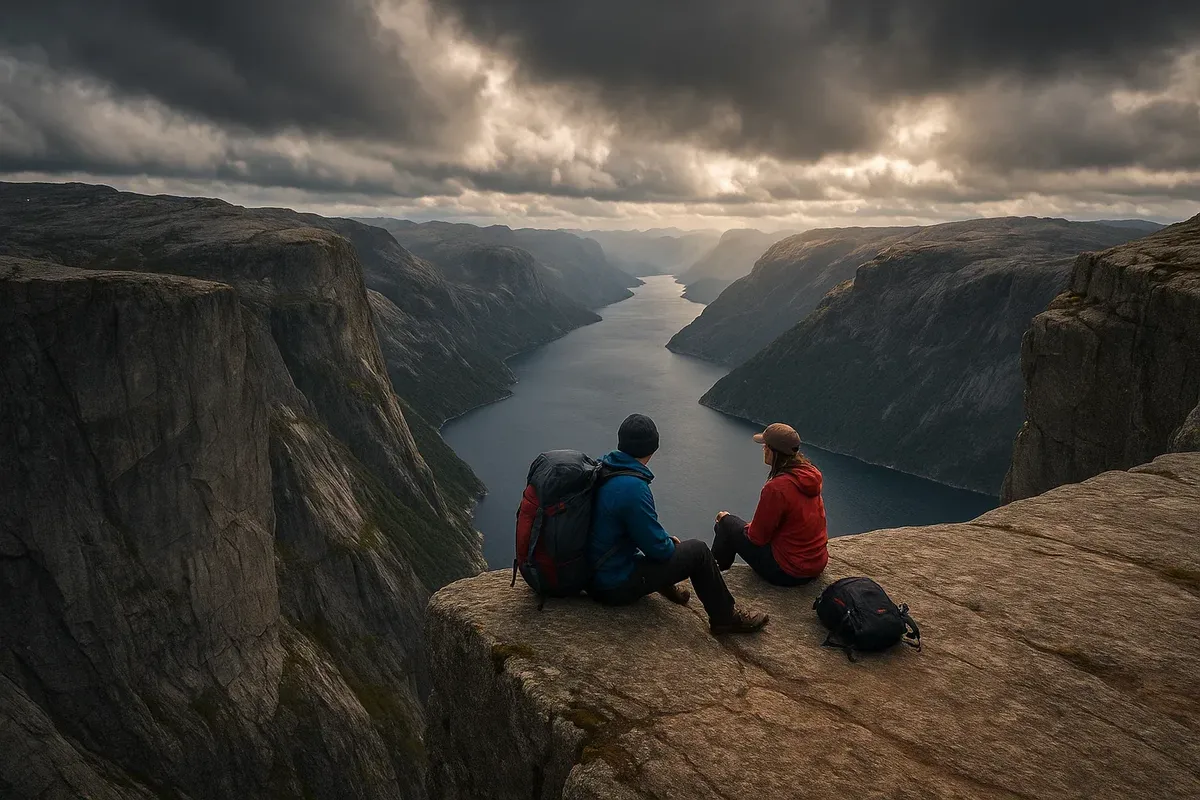Wide panoramic shot from Kjerag plateau showing turquoise Lysefjord far below.
