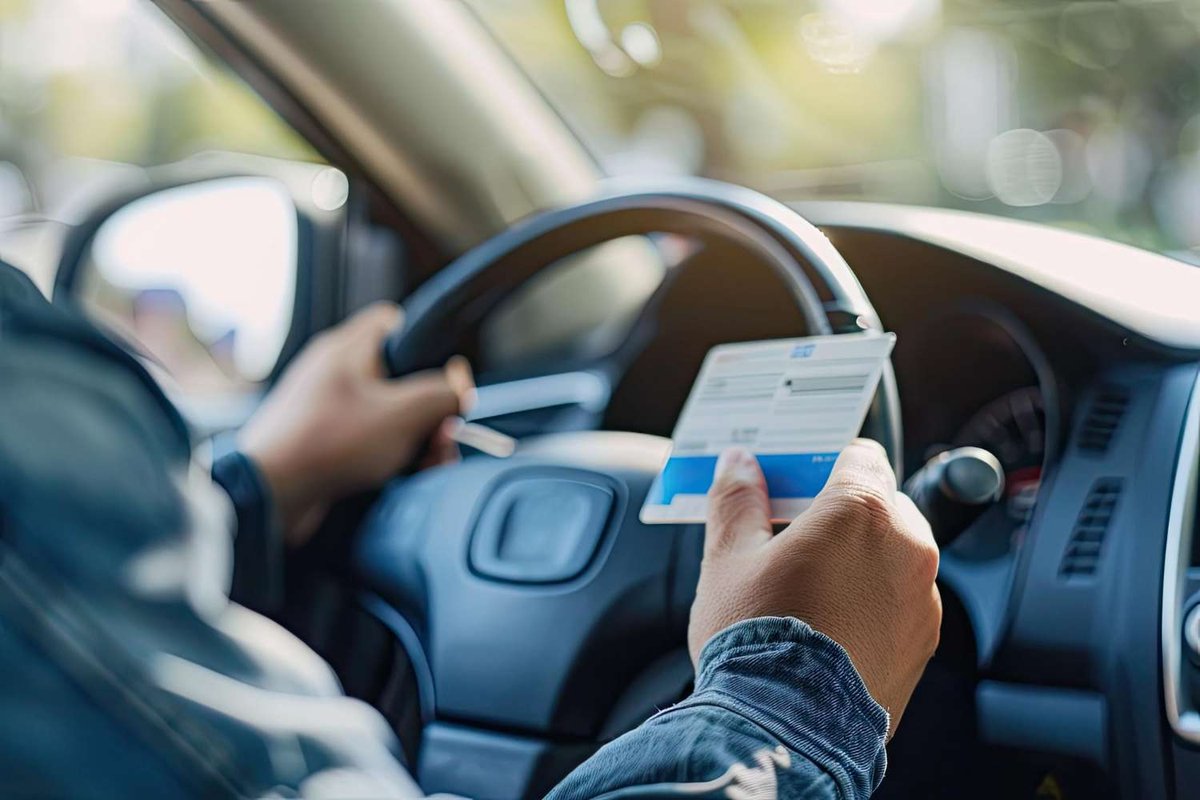 A person behind the wheel holds their driver’s license.