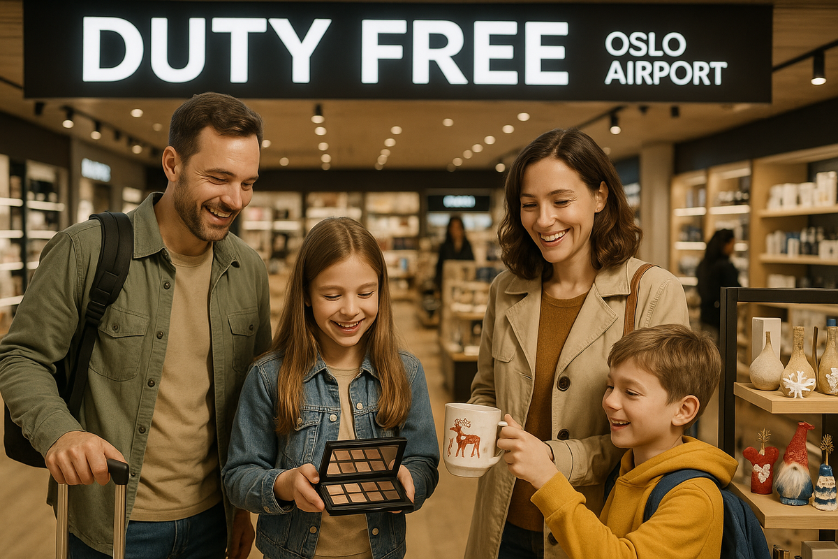 A family shopping at Oslo Airport Duty Free, choosing gifts and cosmetics.
