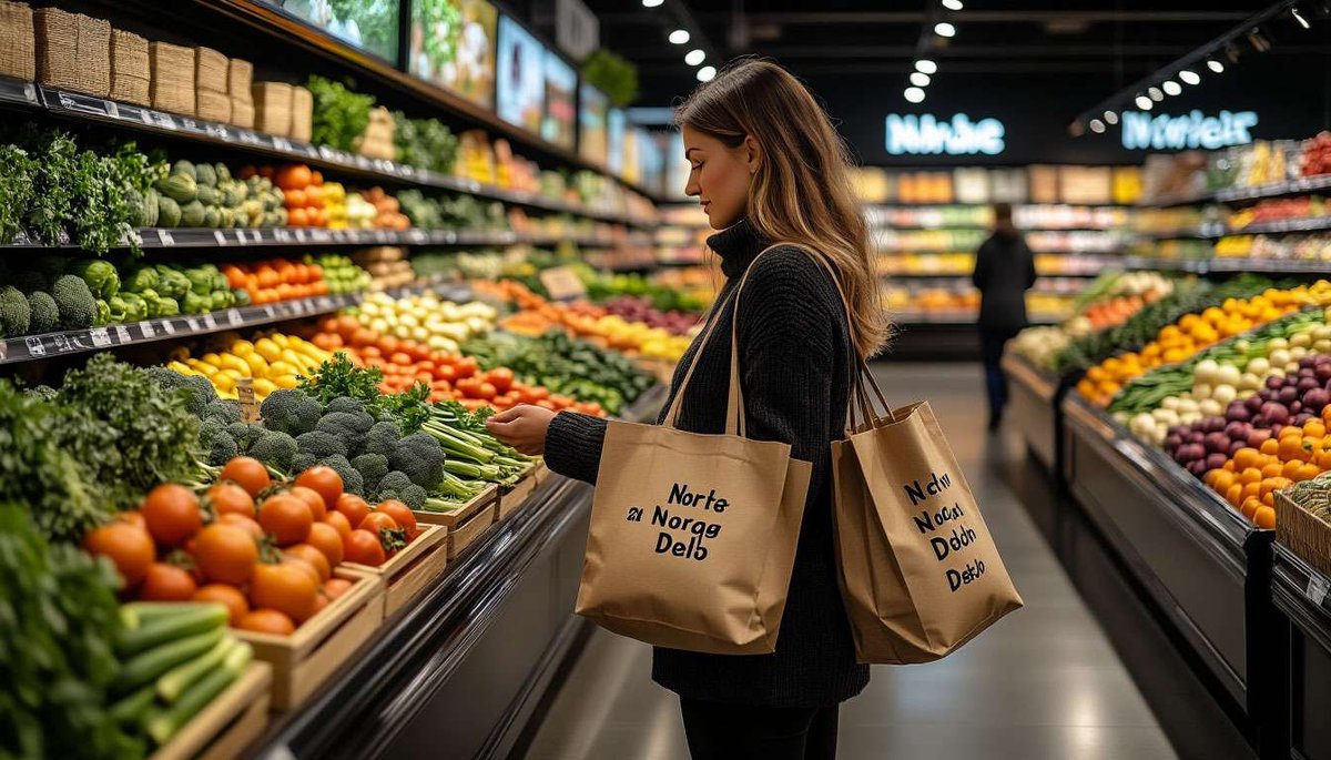 Conscious consumer scene: young woman examines eco-labels while filling a cloth tote in a bright Norwegian store.