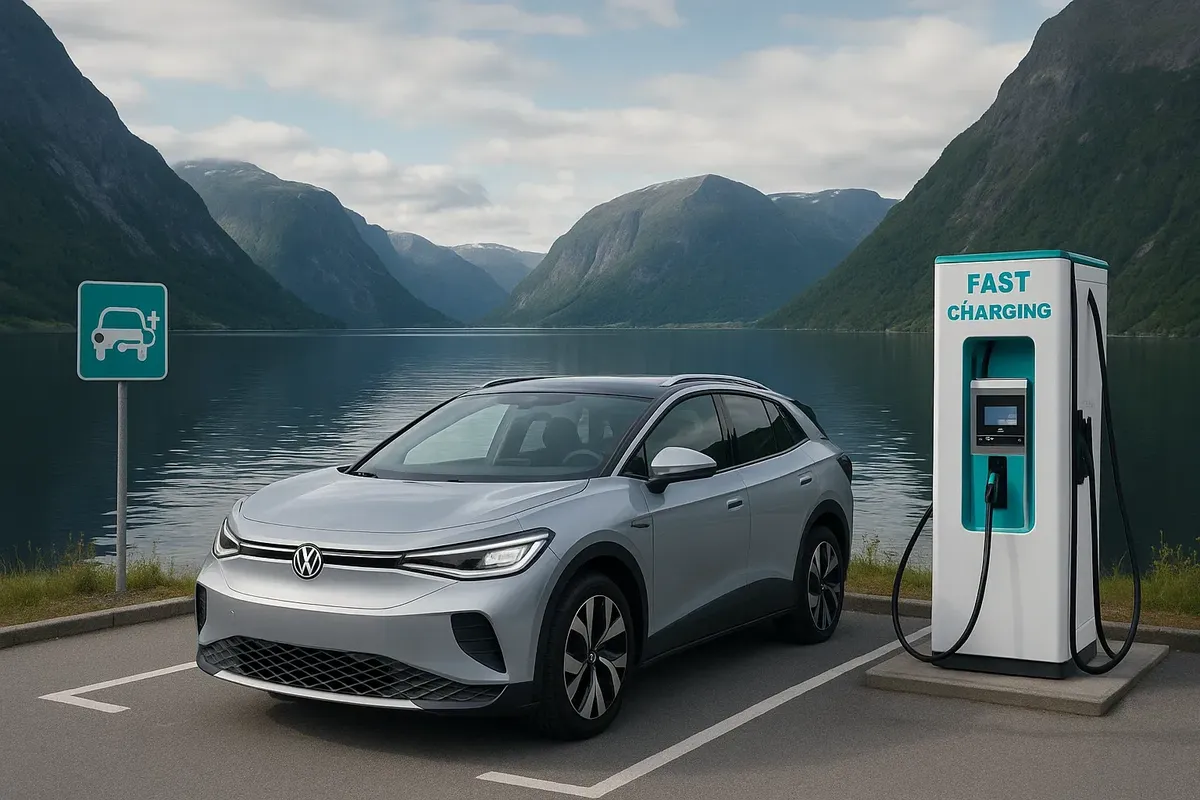 Электромобиль у быстрой зарядки на фоне фьорда и гор