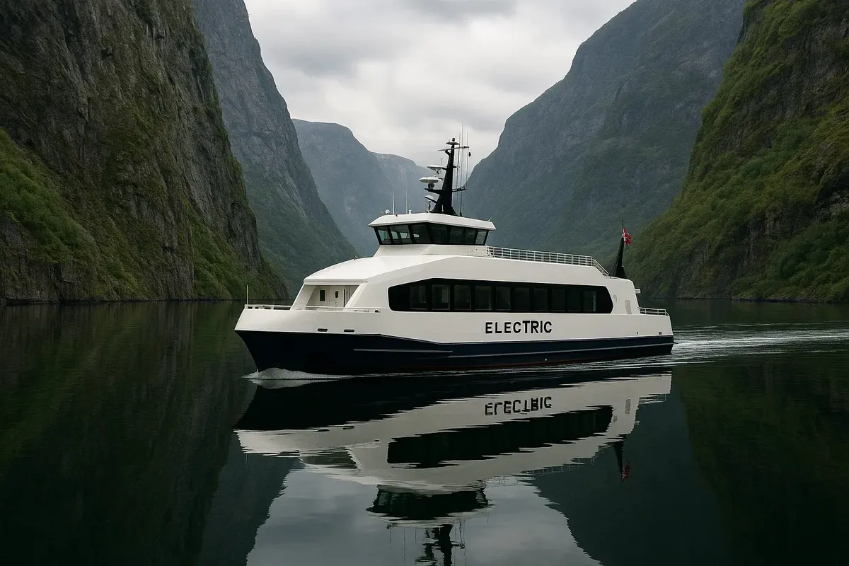 Scenic zero-emission ferry in UNESCO fjord, smooth water and dramatic cliffs