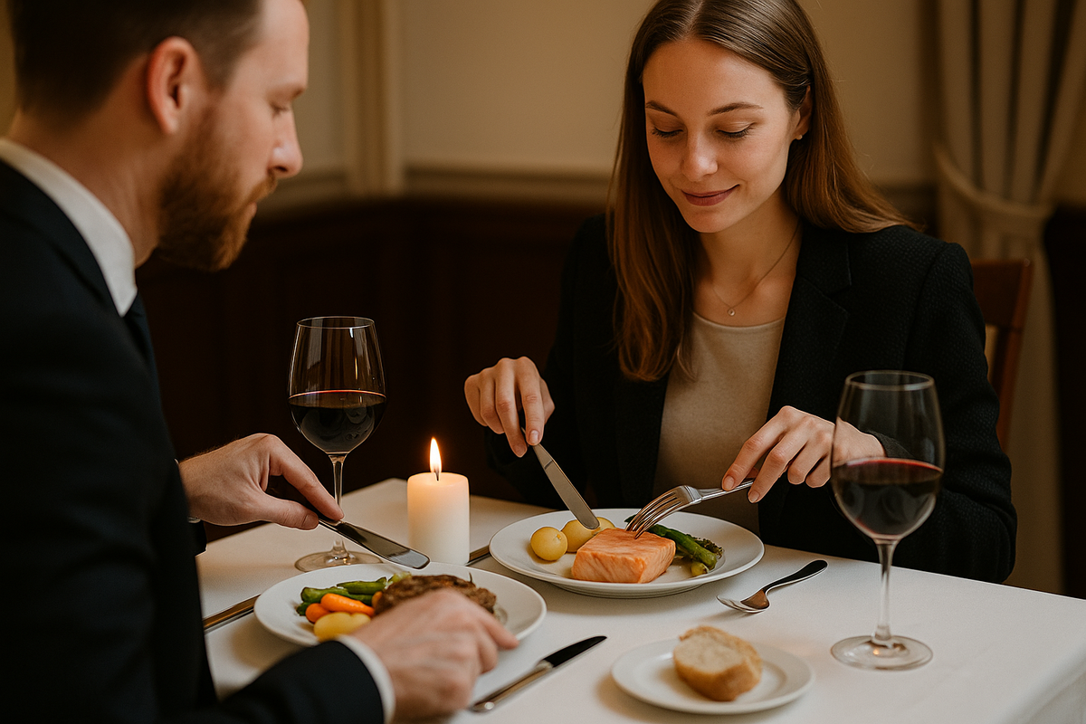 Elegant dinner in Norway with a couple dining on fish and wine by candlelight.