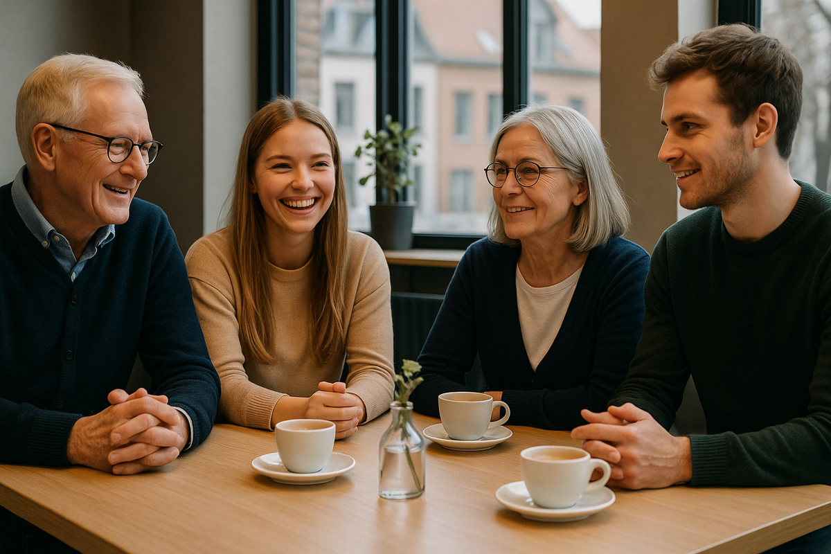 Four people of different ages enjoying coffee in a Norwegian café, symbolizing equality and mutual respect in society.
