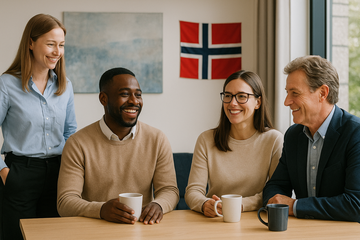 Four colleagues share ideas over coffee in a modern office with a Norwegian flag on the wall.
