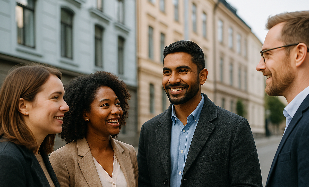 Four people engaging in conversation on a Norwegian street, showcasing respect and equality in interactions.